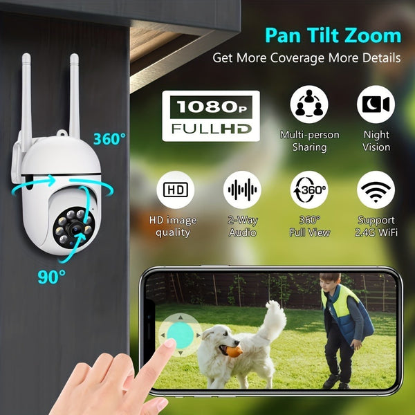 1080P Pan Tilt Zoom WiFi Security Camera, 360° View with Night Vision and 2-Way Audio
