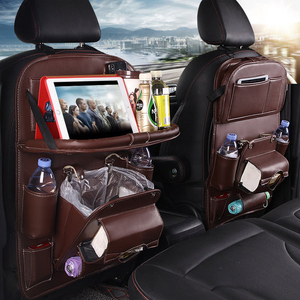 Premium PU Leather Waterproof Car Seat Back Organizer with Foldable Tray and Multi-Pocket Storage