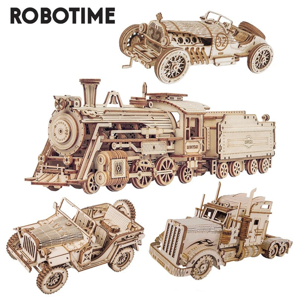 ROKR Wooden Train Model 3D Puzzle for Kids | Assembly Locomotive Building Kit