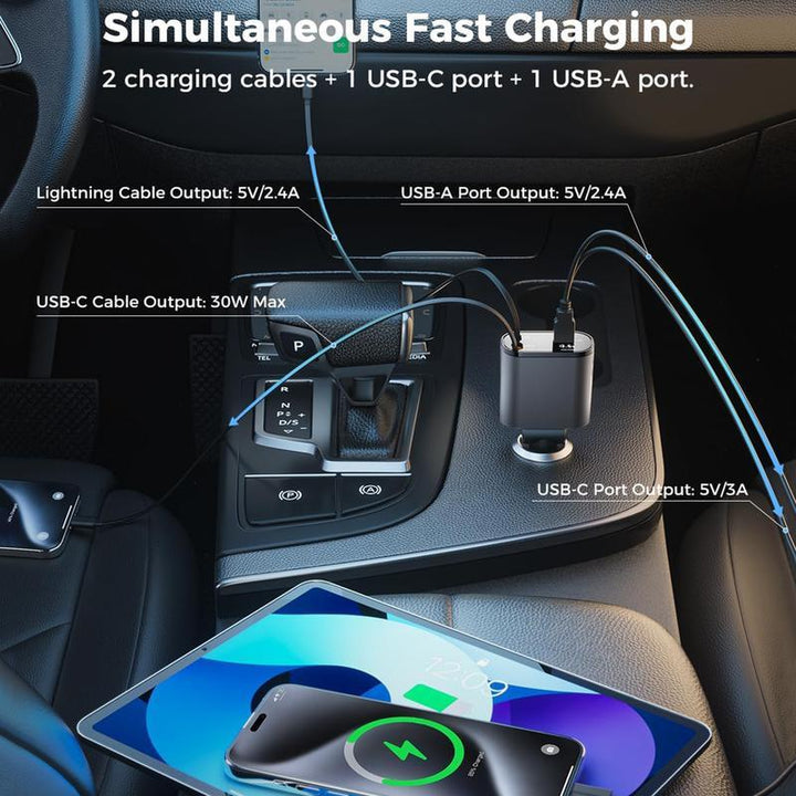 Retractable car charger, all-in-one car phone charger 100W, retractable cable and USB car charger, compatible with iPhone