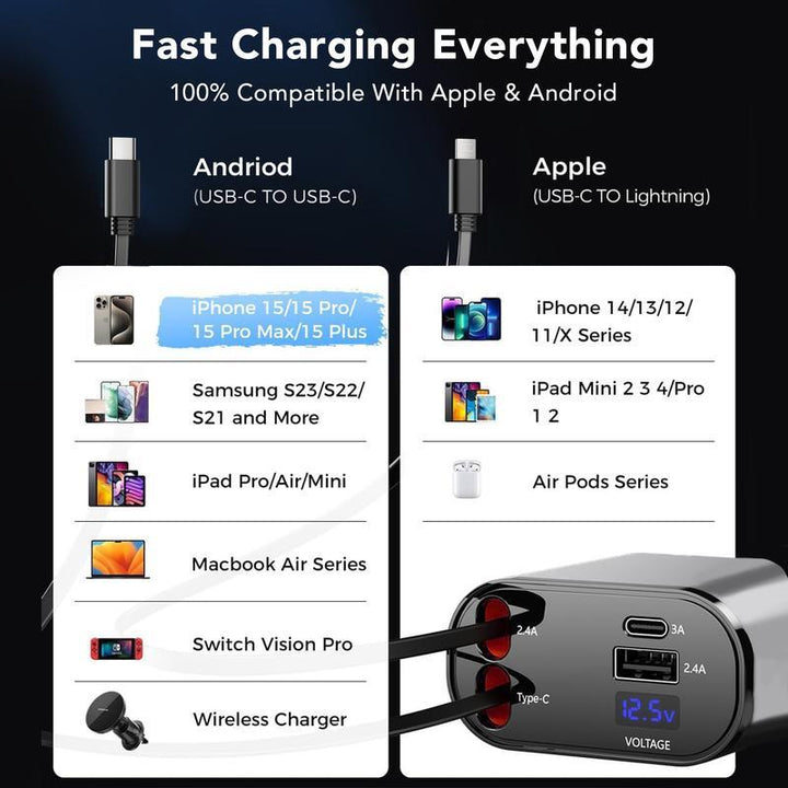 Retractable car charger, all-in-one car phone charger 100W, retractable cable and USB car charger, compatible with iPhone