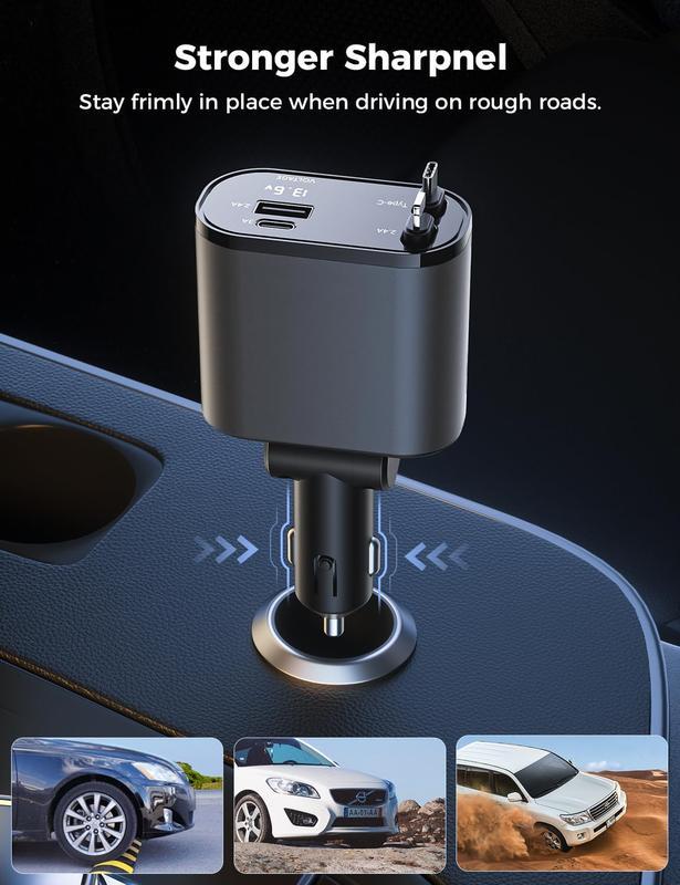 Retractable car charger, all-in-one car phone charger 100W, retractable cable and USB car charger, compatible with iPhone