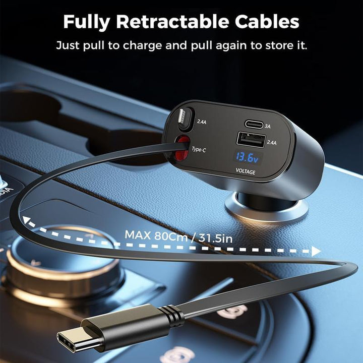 Retractable car charger, all-in-one car phone charger 100W, retractable cable and USB car charger, compatible with iPhone