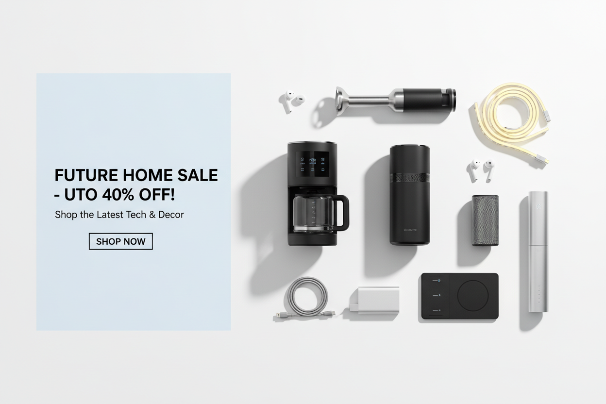 Modern e-commerce banner featuring a stylish flat lay of trending home and tech gadgets — smart kitchen tools, LED lights, wireless accessories — arranged on a white minimalist background with soft shadows. Include open area for sale or announcement text. Clean, futuristic, lifestyle aesthetic.