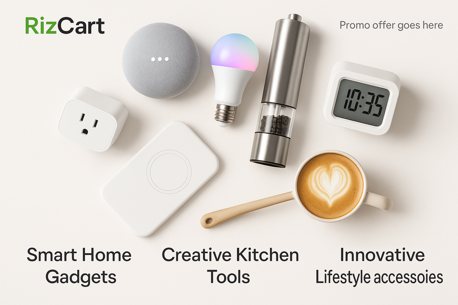 Modern Shopify homepage banner for Rizcart showcasing smart home gadgets, creative kitchen tools, and innovative lifestyle accessories on a clean white background with soft shadows. Add minimal text space for promotional offers. Sleek, tech-inspired layout, stylish and trustworthy e-commerce aesthetic